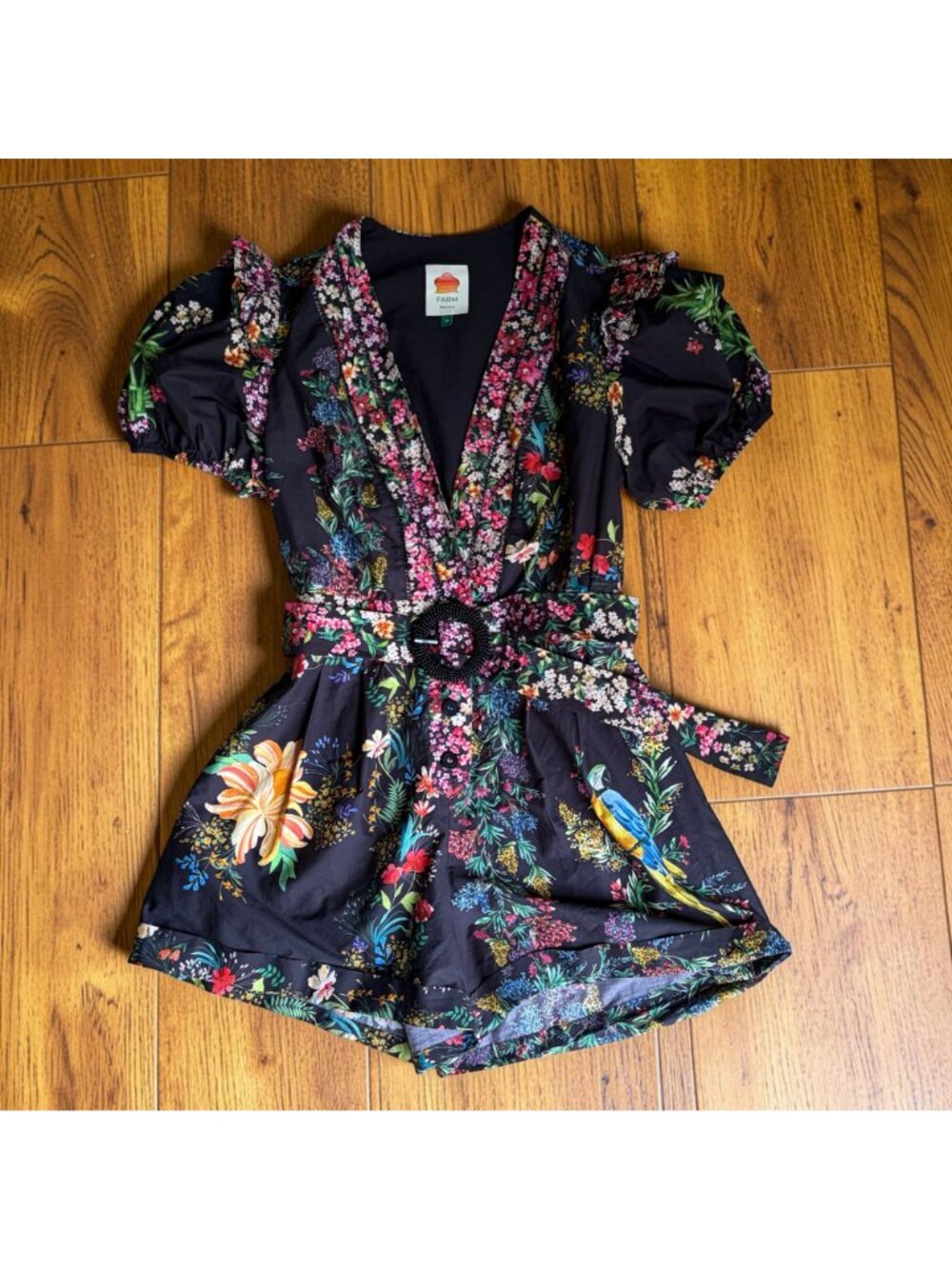 Farm Rio Delicate Forest Belted Embellished Floral Scarves Cotton Romper Medium - Picture 6 of 7